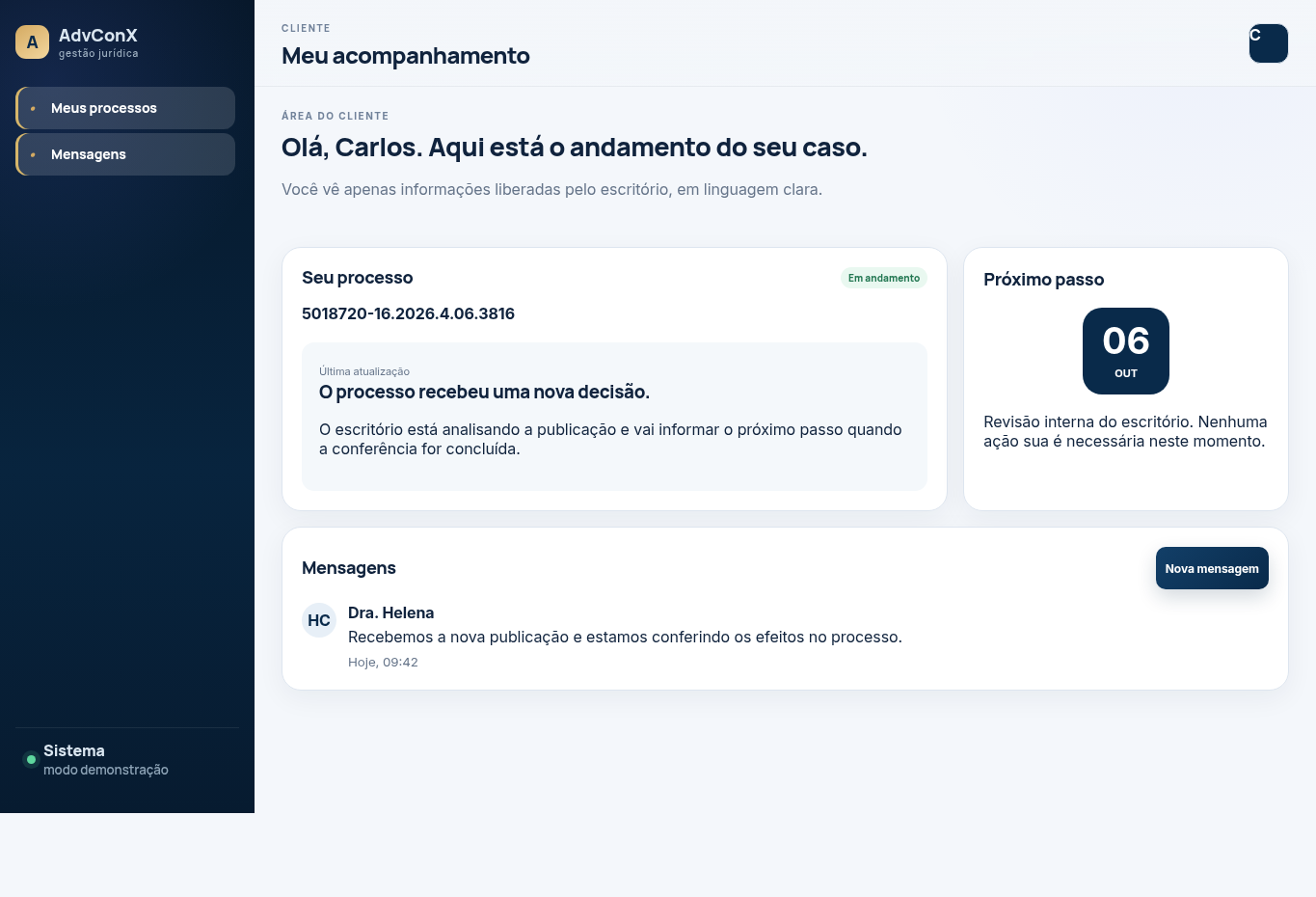 Tela de apresentação da área do cliente